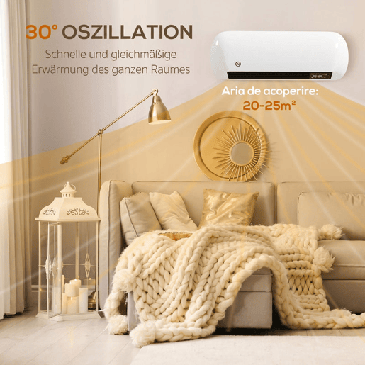HOMCOM Aquecedor Elétrico Cerâmico de Parede 2000 W com 3 Modos, Ecrã LED, Termóstato, Temporizador 24 h, Oscilação e Comando HOMCOM Aquecedor Elétrico Cerâmico de Parede 2000 W com 3 Modos, Ecrã LED, Termóstato, Temporizador 24 h, Oscilação e Comando