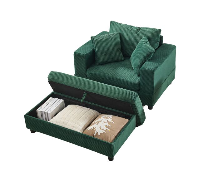 Chaise longue 107x74x57 cm - con reposapiés, espacio de almacenamiento y 3 cojines - verde esmeralda
