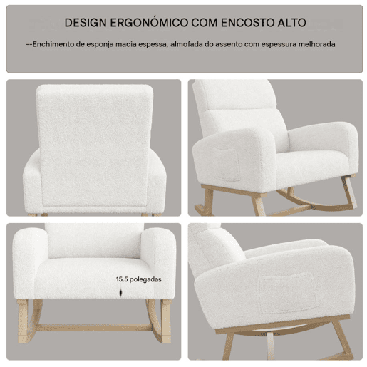 Cadeira de baloiço branca em tecido tipo teddy, com bolsos laterais, assento espaçoso e deslizadores silenciosos e antiderrapantes. Cadeira de baloiço branca em tecido tipo teddy, com bolsos laterais, assento espaçoso e deslizadores silenciosos e antiderrapantes.