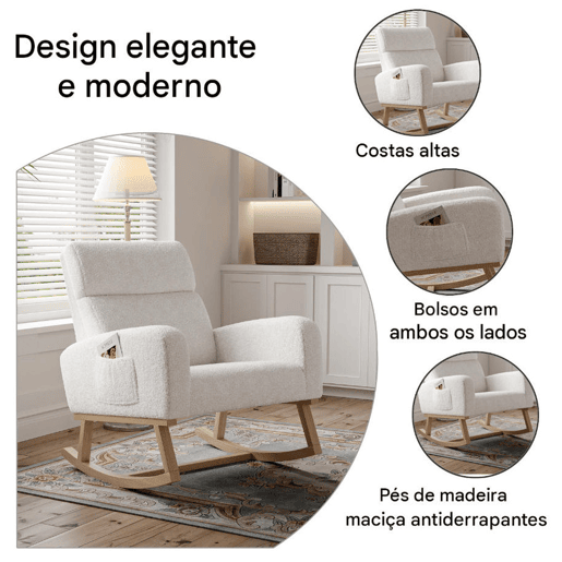 Cadeira de baloiço branca em tecido tipo teddy, com bolsos laterais, assento espaçoso e deslizadores silenciosos e antiderrapantes. Cadeira de baloiço branca em tecido tipo teddy, com bolsos laterais, assento espaçoso e deslizadores silenciosos e antiderrapantes.