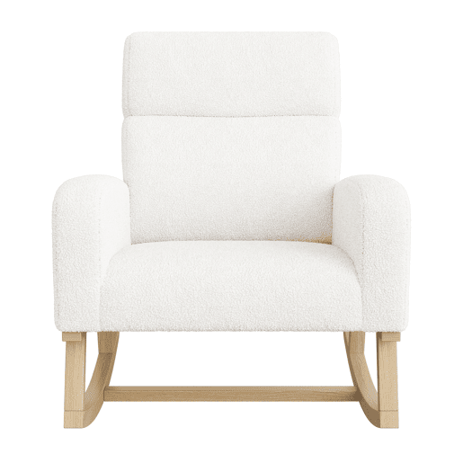 Cadeira de baloiço branca em tecido tipo teddy, com bolsos laterais, assento espaçoso e deslizadores silenciosos e antiderrapantes. Cadeira de baloiço branca em tecido tipo teddy, com bolsos laterais, assento espaçoso e deslizadores silenciosos e antiderrapantes.