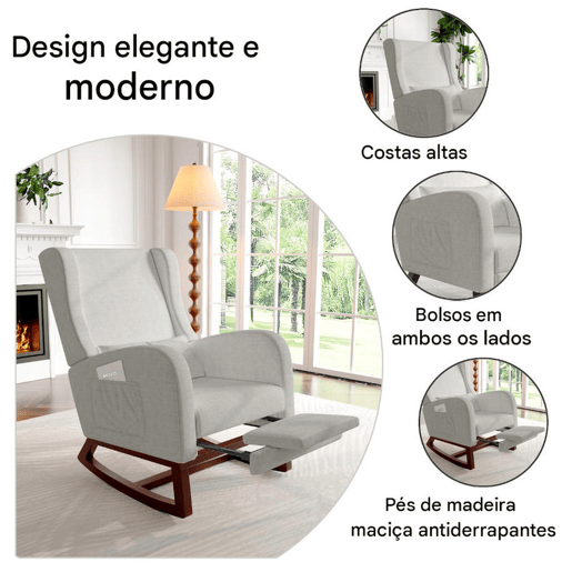 Cadeira de baloiço estofada em veludo cinzento, com apoio para os pés extensível, bolsos laterais e almofada incluída