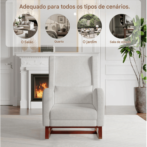 Cadeira de baloiço estofada em veludo cinzento, com apoio para os pés extensível, bolsos laterais e almofada incluída