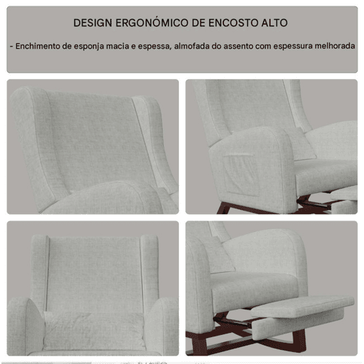 Cadeira de baloiço estofada em veludo cinzento, com apoio para os pés extensível, bolsos laterais e almofada incluída