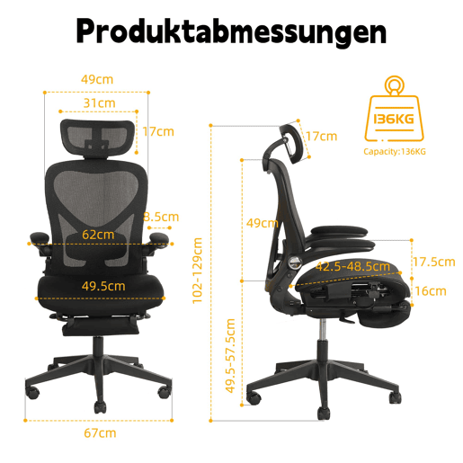 Cadeira de escritório ergonómica, pequena e dobrável, com apoio lombar, assento em malha respirável, apoios de braços dobráveis, apoio para a cabeça 3D e pedais de trabalho - dobrável - preta