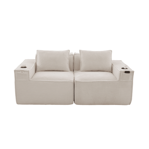 Sofá modular de 2 lugares u2013 em veludo, com porta-copos e bolsos laterais, molas ensacadas e espuma de alta densidade u2013 Bege