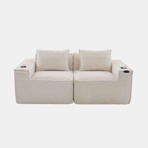 Sofá modular de 2 lugares u2013 em veludo, com porta-copos e bolsos laterais, molas ensacadas e espuma de alta densidade u2013 Bege