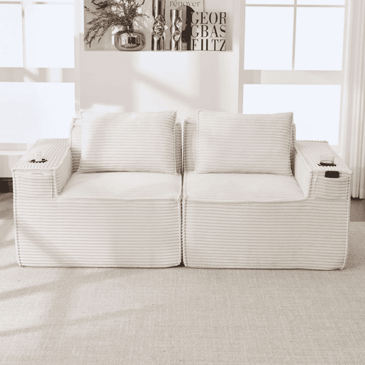 Sofá modular de 2 lugares u2013 em veludo, com porta-copos e bolsos laterais, molas ensacadas e espuma de alta densidade u2013 Bege