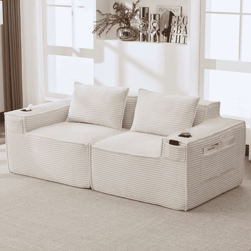 Sofá modular de 2 lugares u2013 em veludo, com porta-copos e bolsos laterais, molas ensacadas e espuma de alta densidade u2013 Bege