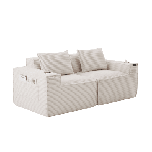 Sofá modular de 2 lugares u2013 em veludo, com porta-copos e bolsos laterais, molas ensacadas e espuma de alta densidade u2013 Bege
