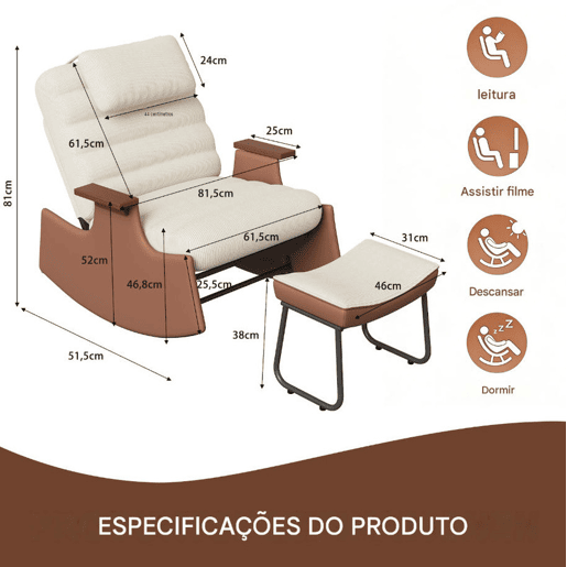 Poltrona de baloiço com apoio para os pés, encosto regulável em 3 posições, estofos em bombazine e braços em madeira maciça cadeirão de relaxamento para sala de estar e quarto