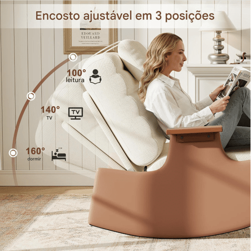 Poltrona de baloiço com apoio para os pés, encosto regulável em 3 posições, estofos em bombazine e braços em madeira maciça cadeirão de relaxamento para sala de estar e quarto