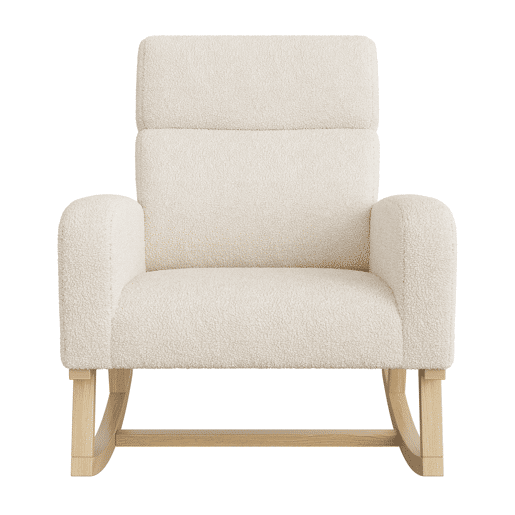 Poltrona de baloiço moderna estofada com encosto alto para sala de estar, estrutura em madeira maciça e tecido de alta qualidade (bege) Poltrona de baloiço moderna estofada com encosto alto para sala de estar, estrutura em madeira maciça e tecido de alta qualidade (bege)