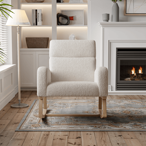Poltrona de baloiço moderna estofada com encosto alto para sala de estar, estrutura em madeira maciça e tecido de alta qualidade (bege) Poltrona de baloiço moderna estofada com encosto alto para sala de estar, estrutura em madeira maciça e tecido de alta qualidade (bege)