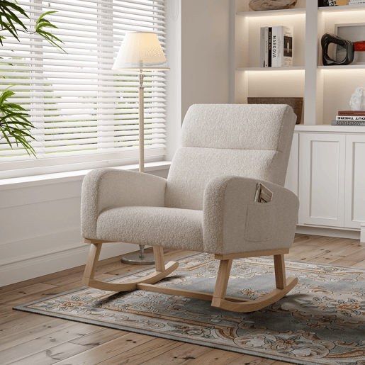 Poltrona de baloiço moderna estofada com encosto alto para sala de estar, estrutura em madeira maciça e tecido de alta qualidade (bege) Poltrona de baloiço moderna estofada com encosto alto para sala de estar, estrutura em madeira maciça e tecido de alta qualidade (bege)