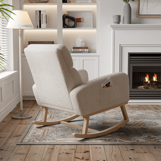 Poltrona de baloiço moderna estofada com encosto alto para sala de estar, estrutura em madeira maciça e tecido de alta qualidade (bege) Poltrona de baloiço moderna estofada com encosto alto para sala de estar, estrutura em madeira maciça e tecido de alta qualidade (bege)