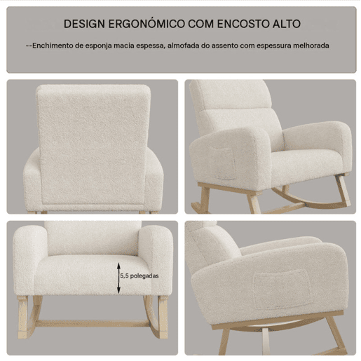 Poltrona de baloiço moderna estofada com encosto alto para sala de estar, estrutura em madeira maciça e tecido de alta qualidade (bege) Poltrona de baloiço moderna estofada com encosto alto para sala de estar, estrutura em madeira maciça e tecido de alta qualidade (bege)
