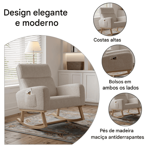 Poltrona de baloiço moderna estofada com encosto alto para sala de estar, estrutura em madeira maciça e tecido de alta qualidade (bege) Poltrona de baloiço moderna estofada com encosto alto para sala de estar, estrutura em madeira maciça e tecido de alta qualidade (bege)