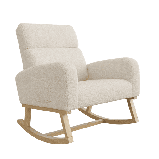 Poltrona de baloiço moderna estofada com encosto alto para sala de estar, estrutura em madeira maciça e tecido de alta qualidade (bege) Poltrona de baloiço moderna estofada com encosto alto para sala de estar, estrutura em madeira maciça e tecido de alta qualidade (bege)