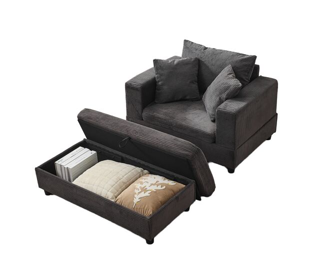 Chaise longue 107x74x57 cm - con reposapiés, almacenamiento y 3 cojines - gris
