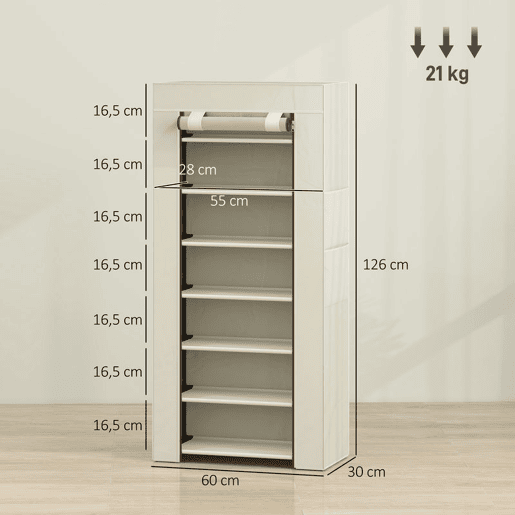 HOMCOM Sapateira de 7 Níveis em Aço com Capa em Tecido Não Tecido, 2 Bolsos Laterais, para 14-21 Pares, 60x30x126 cm, Bege HOMCOM Sapateira de 7 Níveis em Aço com Capa em Tecido Não Tecido, 2 Bolsos Laterais, para 14-21 Pares, 60x30x126 cm, Bege