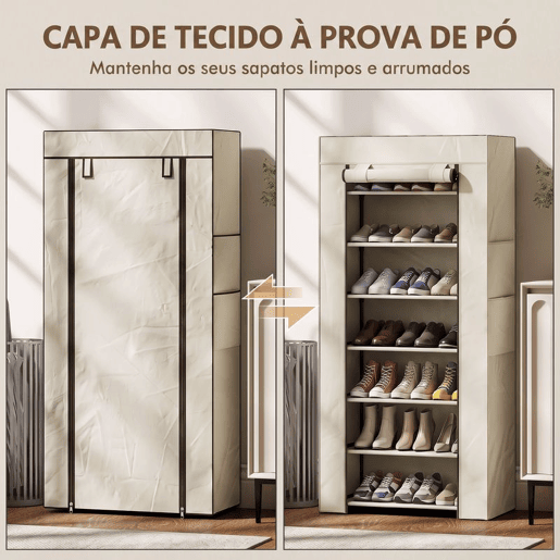 HOMCOM Sapateira de 7 Níveis em Aço com Capa em Tecido Não Tecido, 2 Bolsos Laterais, para 14-21 Pares, 60x30x126 cm, Bege HOMCOM Sapateira de 7 Níveis em Aço com Capa em Tecido Não Tecido, 2 Bolsos Laterais, para 14-21 Pares, 60x30x126 cm, Bege