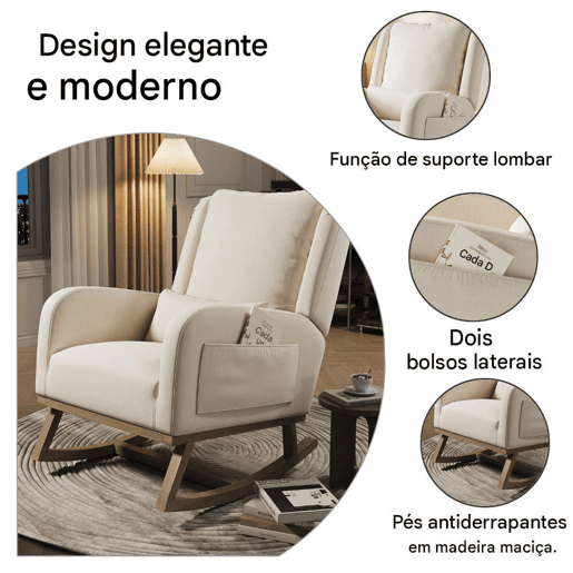 Cadeira de baloiço em linho e algodão na cor bege, com bolsos laterais, encosto almofadado, almofada e deslizadores silenciosos