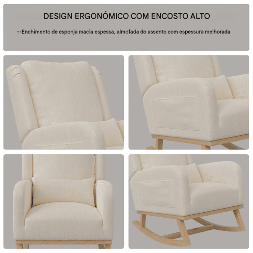 Cadeira de baloiço em linho e algodão na cor bege, com bolsos laterais, encosto almofadado, almofada e deslizadores silenciosos