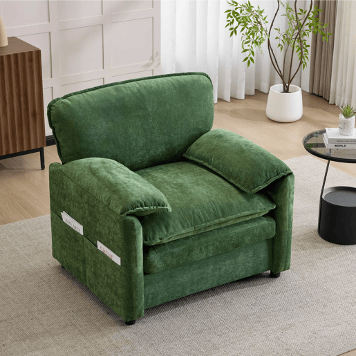 Sofá relax de 1 lugar - estilo retro com bolsos laterais para arrumação e design simples - verde Sofá relax de 1 lugar - estilo retro com bolsos laterais para arrumação e design simples - verde