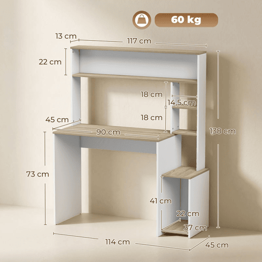 HOMCOM Secretária para Computador com Estantes e Suporte para CPU 114x45x138 cm Branco e Natural HOMCOM Secretária para Computador com Estantes e Suporte para CPU 114x45x138 cm Branco e Natural