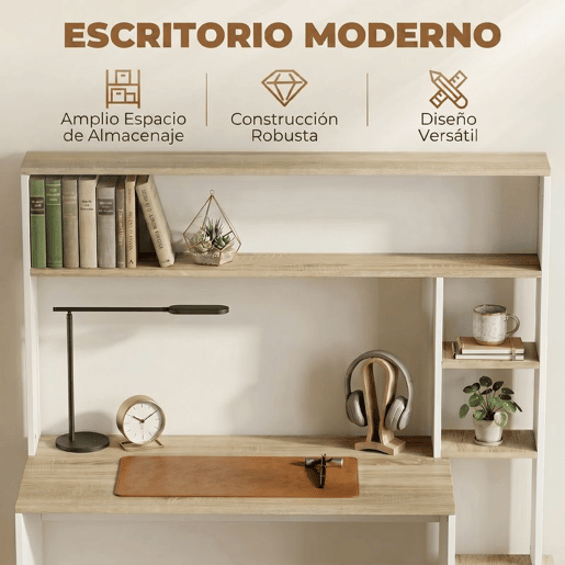 HOMCOM Secretária para Computador com Estantes e Suporte para CPU 114x45x138 cm Branco e Natural HOMCOM Secretária para Computador com Estantes e Suporte para CPU 114x45x138 cm Branco e Natural