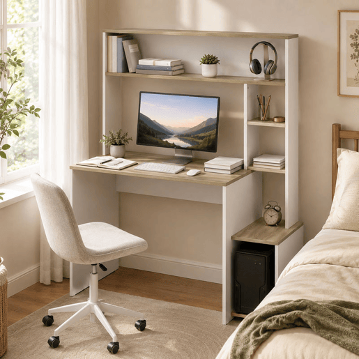 HOMCOM Secretária para Computador com Estantes e Suporte para CPU 114x45x138 cm Branco e Natural HOMCOM Secretária para Computador com Estantes e Suporte para CPU 114x45x138 cm Branco e Natural
