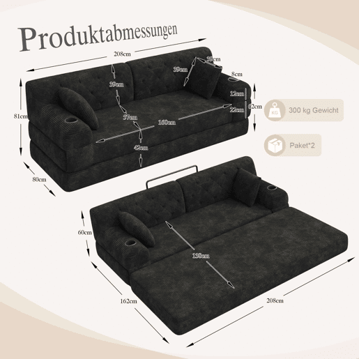Sofá-cama de 3 lugares - sofá em veludo comprimido com encosto alto, estrutura metálica, espuma de alta densidade, porta-copos e bolsos laterais - Preto Sofá-cama de 3 lugares - sofá em veludo comprimido com encosto alto, estrutura metálica, espuma de alta densidade, porta-copos e bolsos laterais - Preto