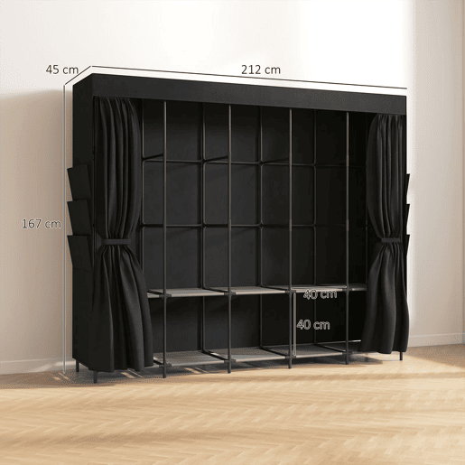 HOMCOM Roupeiro de Tecido com 5 Barras, 5 Prateleiras e 6 Bolsos Laterais, Fecho de Correr, Estrutura em Aço, 212x45x167 cm, Preto HOMCOM Roupeiro de Tecido com 5 Barras, 5 Prateleiras e 6 Bolsos Laterais, Fecho de Correr, Estrutura em Aço, 212x45x167 cm, Preto