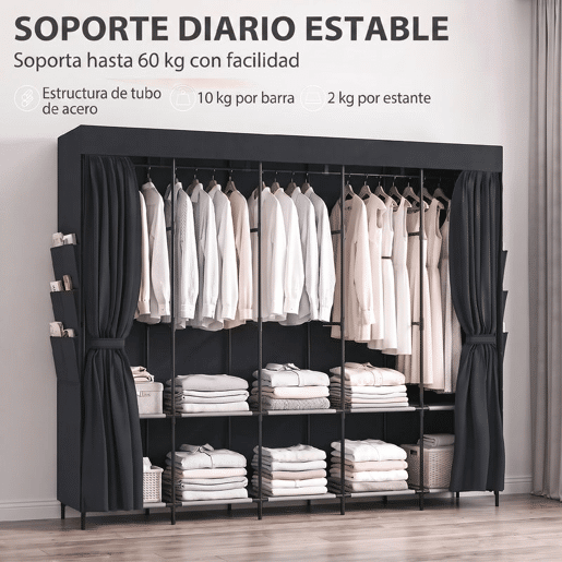 HOMCOM Roupeiro de Tecido com 5 Barras, 5 Prateleiras e 6 Bolsos Laterais, Fecho de Correr, Estrutura em Aço, 212x45x167 cm, Preto HOMCOM Roupeiro de Tecido com 5 Barras, 5 Prateleiras e 6 Bolsos Laterais, Fecho de Correr, Estrutura em Aço, 212x45x167 cm, Preto