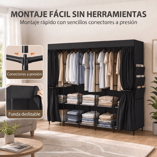 HOMCOM Roupeiro de Tecido com 5 Barras, 5 Prateleiras e 6 Bolsos Laterais, Fecho de Correr, Estrutura em Aço, 212x45x167 cm, Preto HOMCOM Roupeiro de Tecido com 5 Barras, 5 Prateleiras e 6 Bolsos Laterais, Fecho de Correr, Estrutura em Aço, 212x45x167 cm, Preto