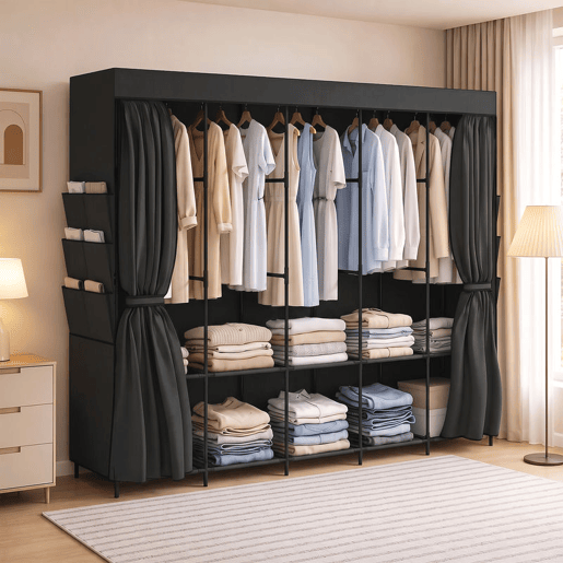 HOMCOM Roupeiro de Tecido com 5 Barras, 5 Prateleiras e 6 Bolsos Laterais, Fecho de Correr, Estrutura em Aço, 212x45x167 cm, Preto HOMCOM Roupeiro de Tecido com 5 Barras, 5 Prateleiras e 6 Bolsos Laterais, Fecho de Correr, Estrutura em Aço, 212x45x167 cm, Preto