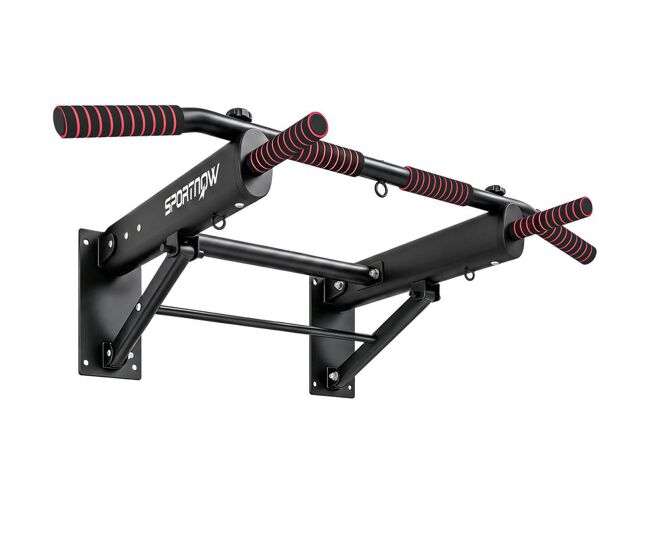 Sportnow barra de dominadas para pared plegable, barra de dominadas con 3 anillas para bandas de resistencia, agarres antideslizantes, carga 120 kg, para entrenamiento en casa, gimnasio, negro