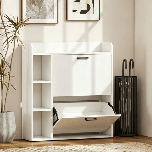 HOMCOM Sapateira Estreita com 2 Portas, 3 Prateleiras Laterais e Prateleiras Ajustáveis, para 15 Pares de Sapatos, 83x24x90,5 cm, Branco