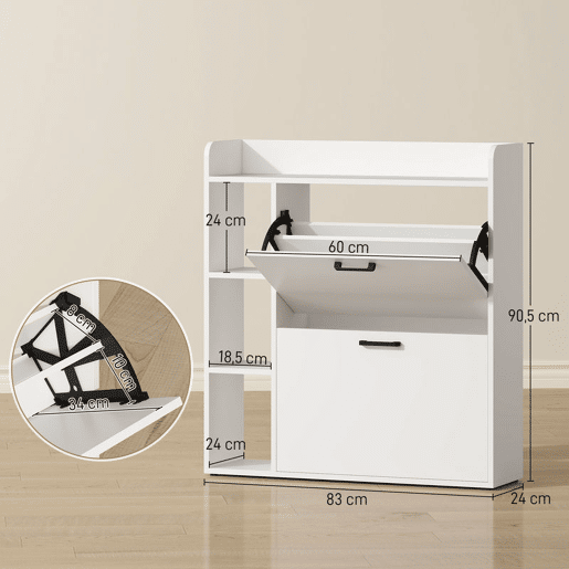 HOMCOM Sapateira Estreita com 2 Portas, 3 Prateleiras Laterais e Prateleiras Ajustáveis, para 15 Pares de Sapatos, 83x24x90,5 cm, Branco