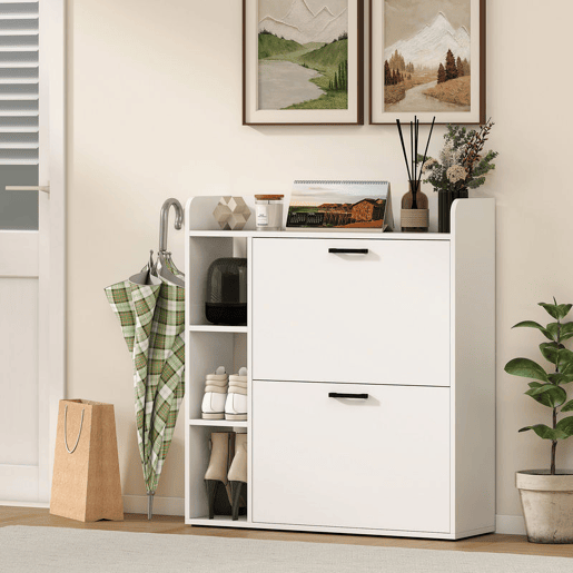 HOMCOM Sapateira Estreita com 2 Portas, 3 Prateleiras Laterais e Prateleiras Ajustáveis, para 15 Pares de Sapatos, 83x24x90,5 cm, Branco