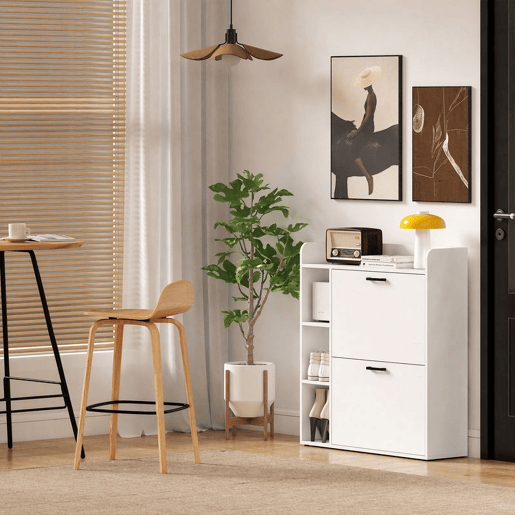 HOMCOM Sapateira Estreita com 2 Portas, 3 Prateleiras Laterais e Prateleiras Ajustáveis, para 15 Pares de Sapatos, 83x24x90,5 cm, Branco