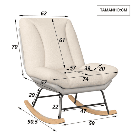 Cadeira de baloiço em linho e tecido técnico, encosto regulável em 5 posições, almofada e encosto fixados com velcro, cor cinzento-bege Cadeira de baloiço em linho e tecido técnico, encosto regulável em 5 posições, almofada e encosto fixados com velcro, cor cinzento-bege