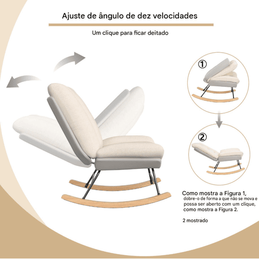 Cadeira de baloiço em linho e tecido técnico, encosto regulável em 5 posições, almofada e encosto fixados com velcro, cor cinzento-bege Cadeira de baloiço em linho e tecido técnico, encosto regulável em 5 posições, almofada e encosto fixados com velcro, cor cinzento-bege