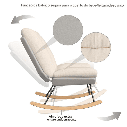 Cadeira de baloiço em linho e tecido técnico, encosto regulável em 5 posições, almofada e encosto fixados com velcro, cor cinzento-bege Cadeira de baloiço em linho e tecido técnico, encosto regulável em 5 posições, almofada e encosto fixados com velcro, cor cinzento-bege