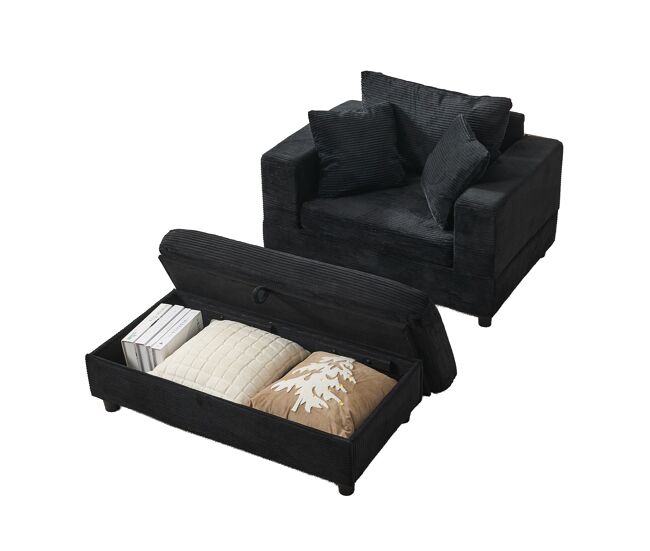 Chaise longue 107x74x57 cm - con reposapiés, almacenamiento y 3 cojines - negro