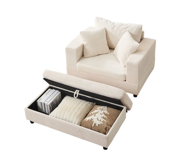 Chaise longue 107x74x57 cm - con reposapiés, almacenamiento y 3 cojines - beige