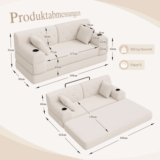 Sofá-cama de 2 lugares - encosto alto, sofá em veludo comprimido com estrutura metálica, espuma de alta densidade, porta-copos e bolsos laterais - Bege Sofá-cama de 2 lugares - encosto alto, sofá em veludo comprimido com estrutura metálica, espuma de alta densidade, porta-copos e bolsos laterais - Bege