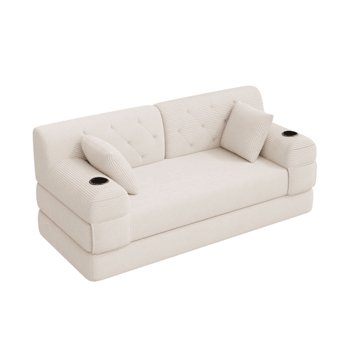 Sofá-cama de 2 lugares - encosto alto, sofá em veludo comprimido com estrutura metálica, espuma de alta densidade, porta-copos e bolsos laterais - Bege Sofá-cama de 2 lugares - encosto alto, sofá em veludo comprimido com estrutura metálica, espuma de alta densidade, porta-copos e bolsos laterais - Bege