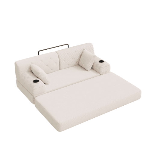 Sofá-cama de 2 lugares - encosto alto, sofá em veludo comprimido com estrutura metálica, espuma de alta densidade, porta-copos e bolsos laterais - Bege Sofá-cama de 2 lugares - encosto alto, sofá em veludo comprimido com estrutura metálica, espuma de alta densidade, porta-copos e bolsos laterais - Bege